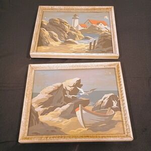 Vintage Paint By Number Coastal Lighthouse Beach Boat Seagull Framed Art Set